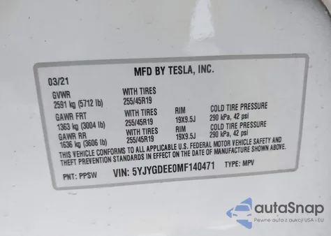 2021 Tesla Model Y Long Range Dual Motor All-Wheel Drive z USA, uszkodzony, nr VIN 5YJYGDEE0MF140471